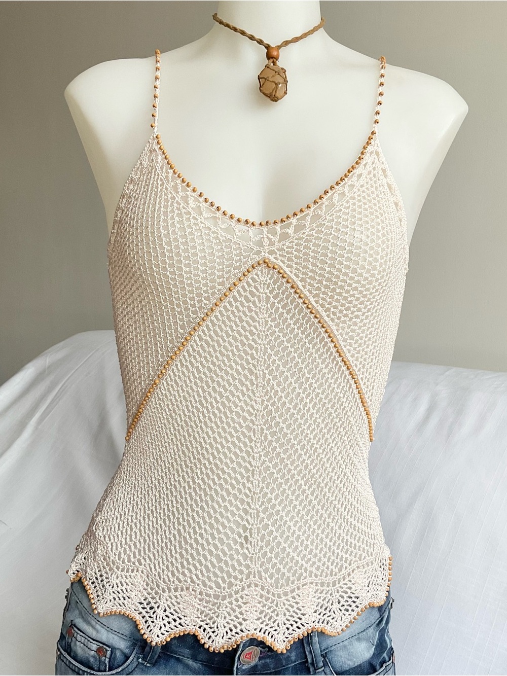 Ideology | Y2K Sheer Beaded Mesh Cami Ivory Blush | M